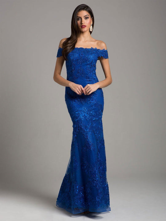 Lara Dresses - 29947 Lace Embellished Off-Shoulder Trumpet Dress in Blue