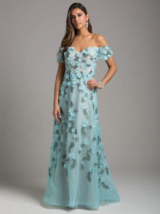 Lara Dresses - 29951 Floral Applique Off-Shoulder A-line Gown in Blue