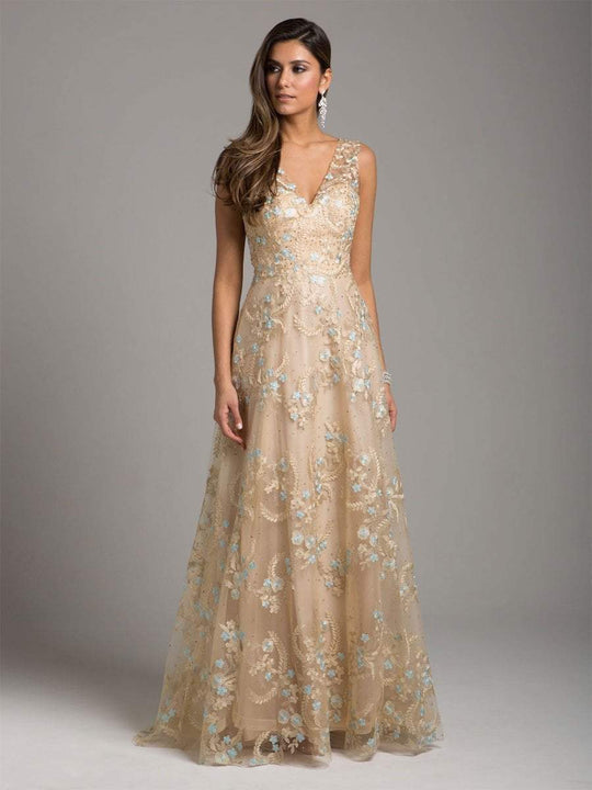 Lara Dresses - 29952 Lace Appliqued Floral Tulle Dress in Neutral and Blue