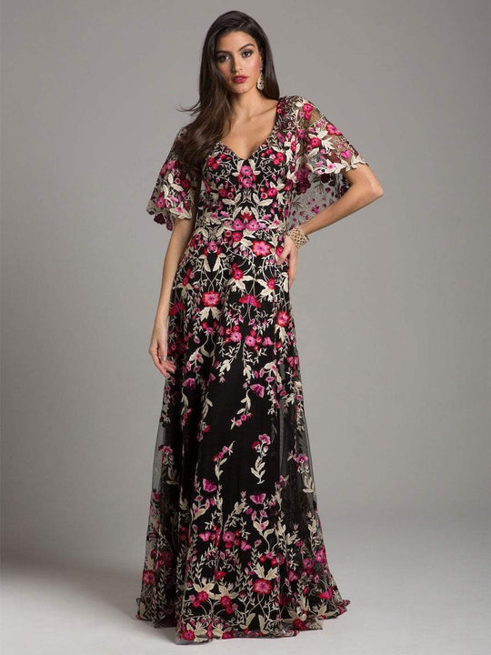 Lara Dresses - 29955 Cape Sleeve Embroidered Floral A-Line Dress in Black and Multi-Color
