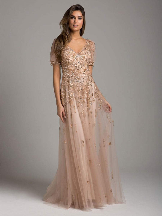 Lara Dresses - 29953 Short Sleeve Bead Tasseled Tulle Dress in Neutral