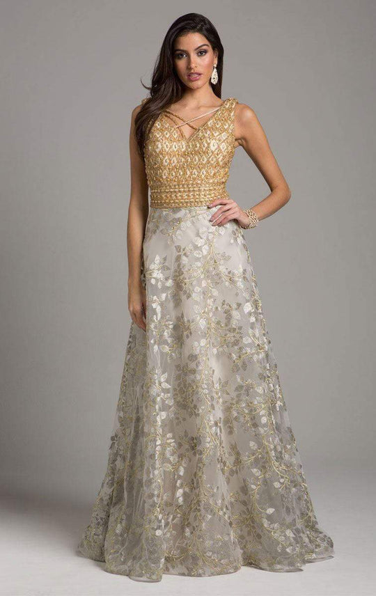 Lara Dresses - 29957 Gold Embellished A-Line Evening Gown in Gold and Silver