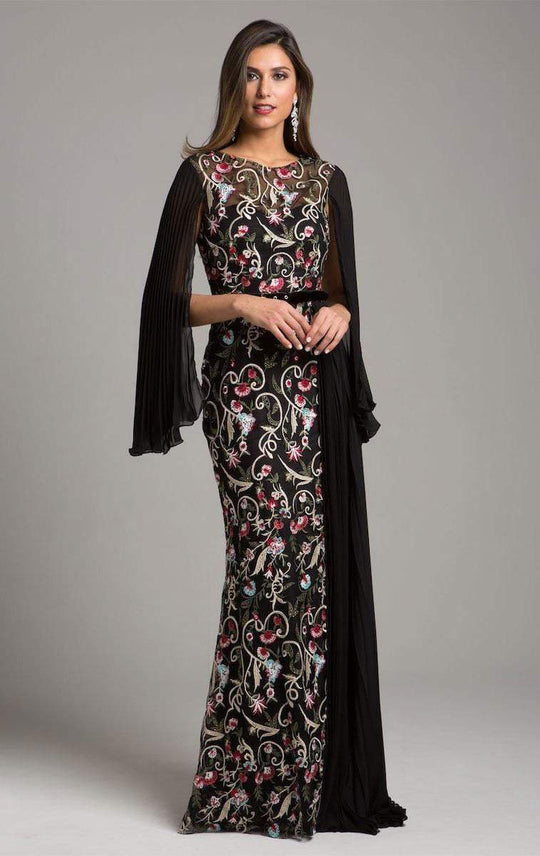 Lara Dresses - 29959 Lace Appliqued Caped Evening Gown in Black and Multi-Color