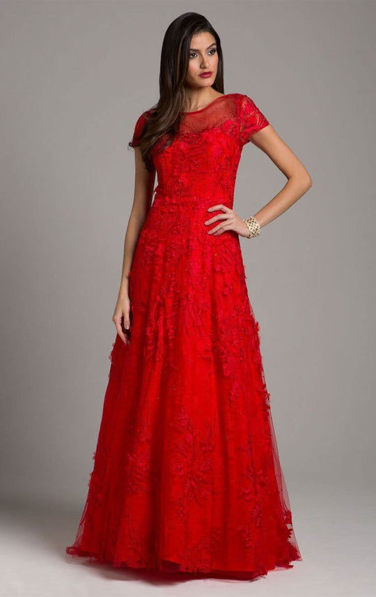 Lara Dresses - 29960 Lace Appliqued Illusion A-Line Gown in Red