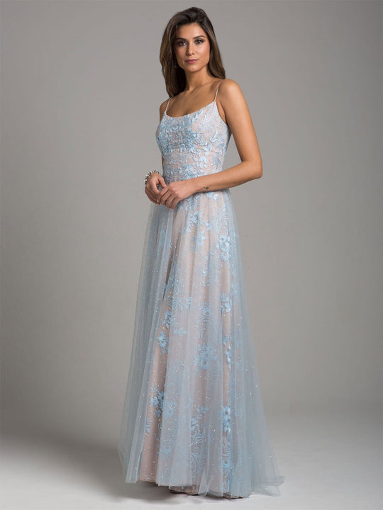 Lara Dresses - 29962 Lace Ornate Scoop Neck A-line Gown in Blue
