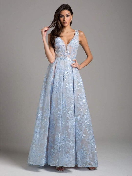 Lara Dresses - 29964 Lace Embellished Deep V-neck Ballgown in Blue
