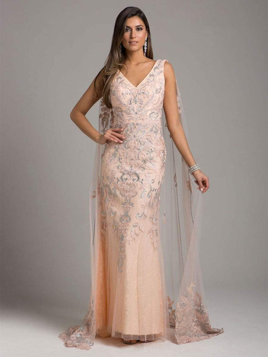 Lara Dresses - 29969 Embellished V-neck Sheath Dress With Cape in Pink