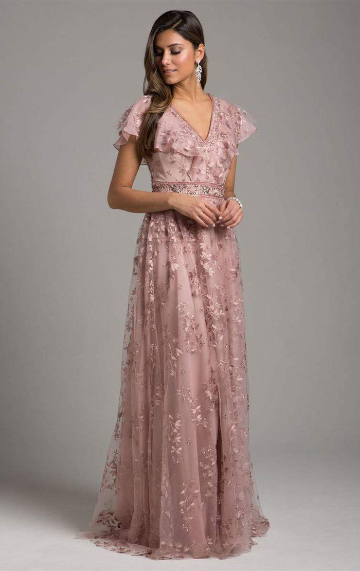Lara Dresses - 29966 Floral Embellished V-neck Evening Dress in Purple