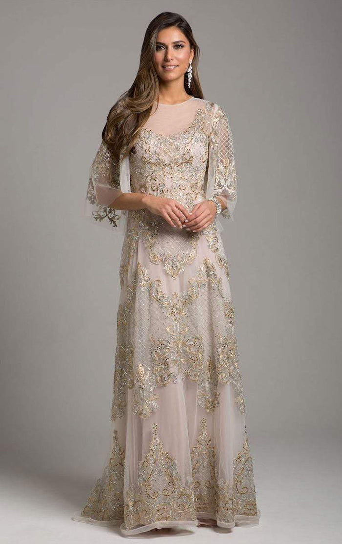 Lara Dresses - 29965 Bead Embellished Sheer A-Line Evening Gown in Gold and Silver