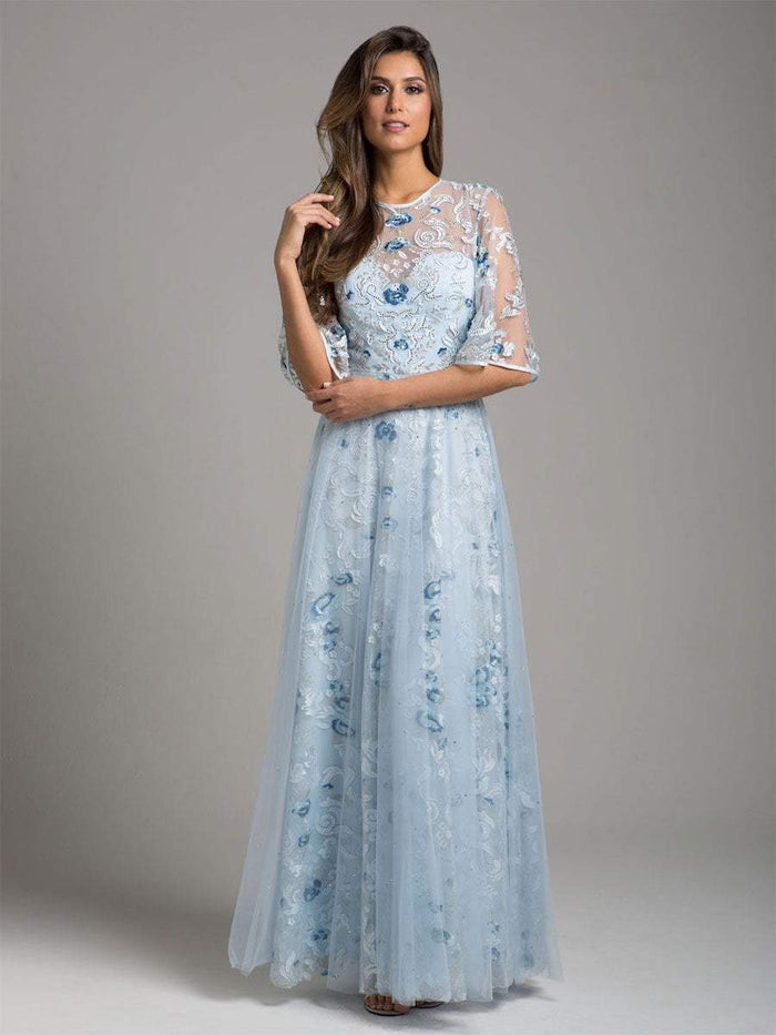 Lara Dresses - 29967 Floral Appliqued A-Line Evening Dress in Blue