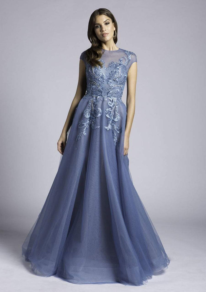 Lara Dresses - 29976 Cap Sleeve Illusion Jewel Embroidered A-Line Gown In Blue