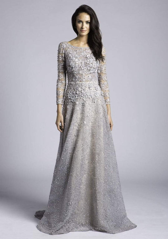 Lara Dresses - 29977 Long Sleeve Bateau Illusion Floral Applique Gown In Gray and Silver
