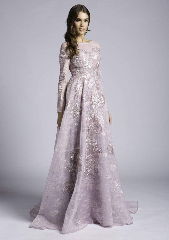 Lara Dresses - 29978 Long Sleeve Pearl Ornate Illusion Lace Gown In Pink