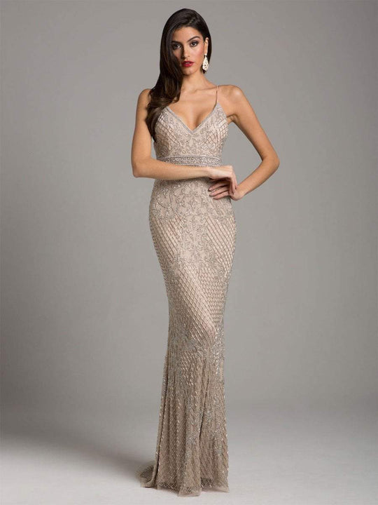Lara Dresses - 29904 Beaded Plunging V-neck Fitted Dress in Neutral and Silver