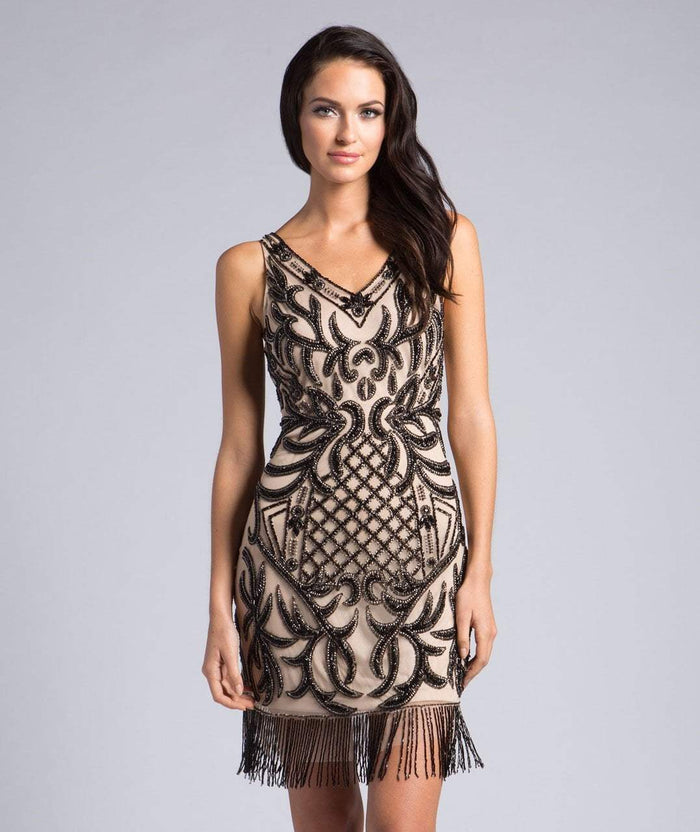 Lara Dresses - 29984 Fringed Fitted V-Neck Cocktail Dress In Neutral and Black