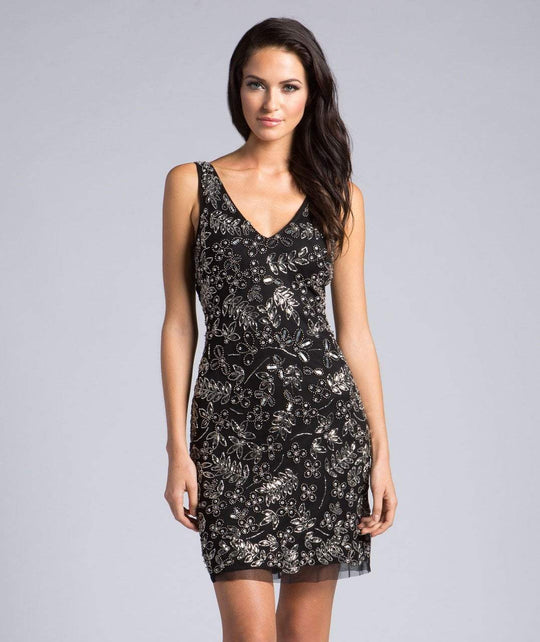 Lara Dresses - 29986 Sleeveless V-Neck Fitted Cocktail Dress In Black and Silver
