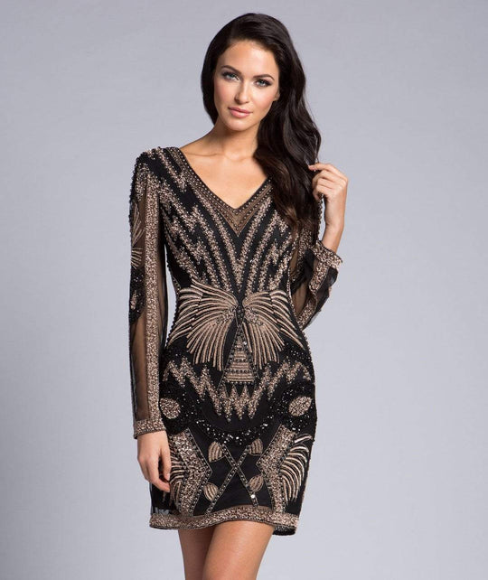 Lara Dresses - 29987 Beaded Sleeveless Fitted V-Neck Dress In Black and Multi-Color