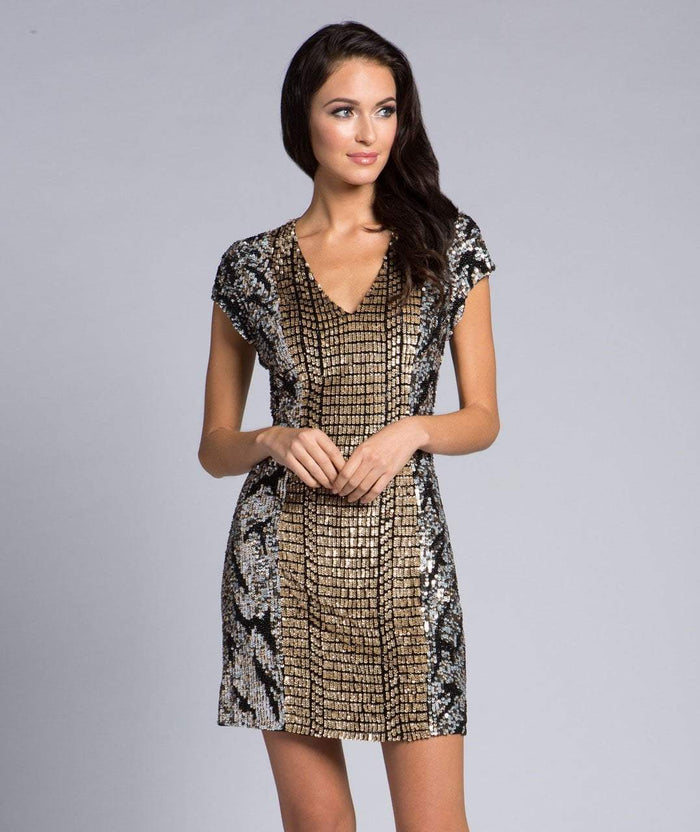Lara Dresses - 29988 Sequined Cap Sleeves Fitted Dress In Black and Multi-Color