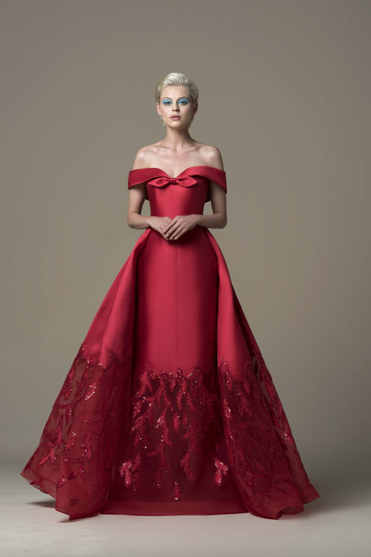 Saiid Kobeisy - RTWSS19-29 Sequined Off-Shoulder Dress With Overskirt In Red