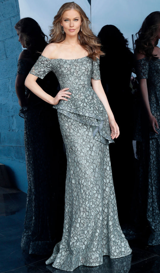 Jovani - 61522 Embellished Lace Off-Shoulder Trumpet Dress In Gray