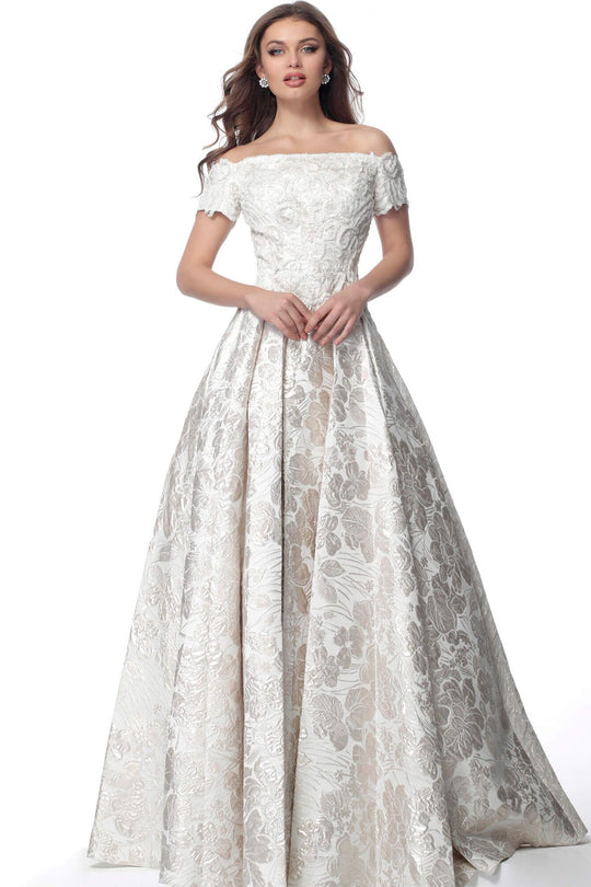 Jovani - 67632 Off-Shoulder Embossed Prints A-line Dress In White
