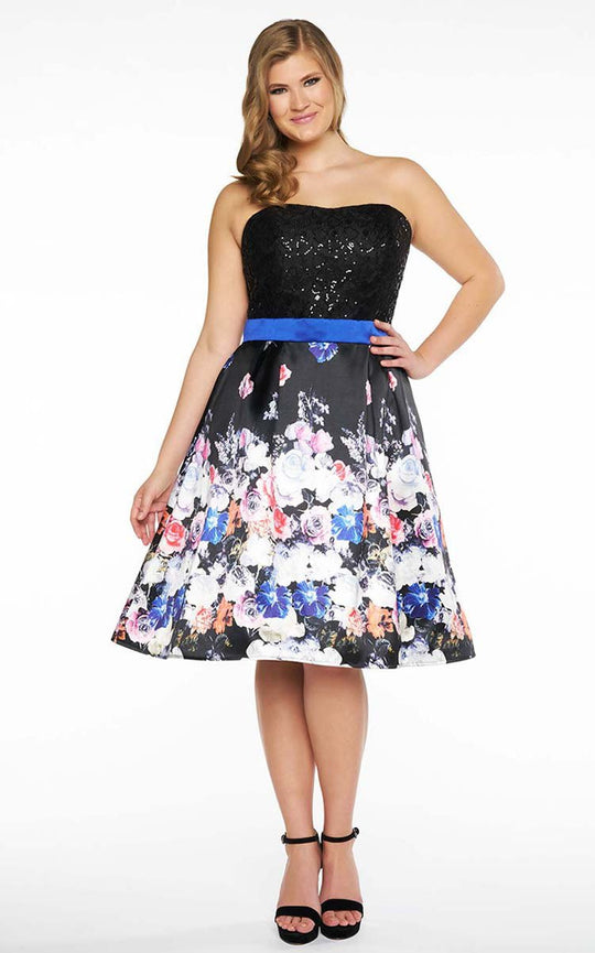 Mac Duggal Fabulouss - 77303F Floral Print Strapless Cocktail Dress in Black and Multi-Color