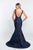 Blush - 11551 V-Neck Gold Corded Lace Mikado Mermaid Gown In Black and Blue
