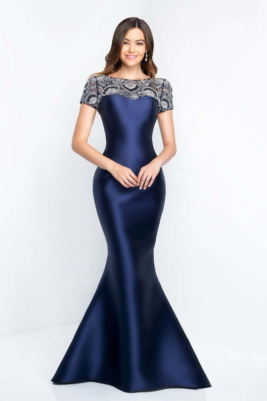 Blush - S2012 Short Sleeves Beaded Mermaid Gown In Blue