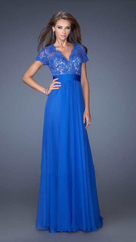 La Femme - Ornate Lace Illusion A-Line Gown with Short Sleeves 19876 In Blue