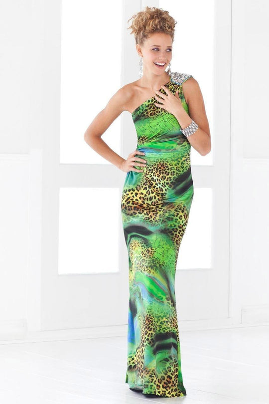 Blush - Asymmetrical Animal Print Sheath Gown 9379 in Green and Multi-Color