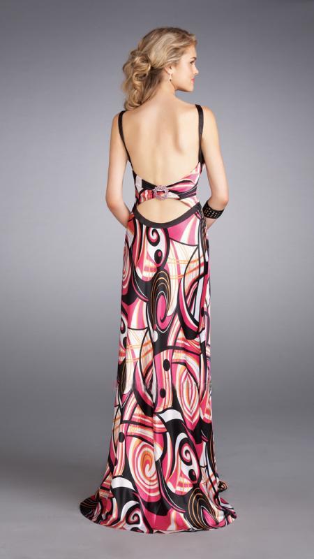 La Femme - Vibrantly Print V-Neck Sheath Gown with a Brooch Accent 13262 In Pink and Print