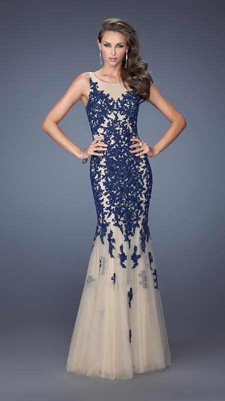 Lace Appliqued Jewel Tulle Mermaid Evening Gown 19916 in Blue