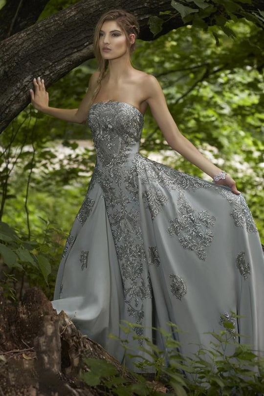 Janique - Embroidered Straight Neck A-line Gown W1691 in Silver