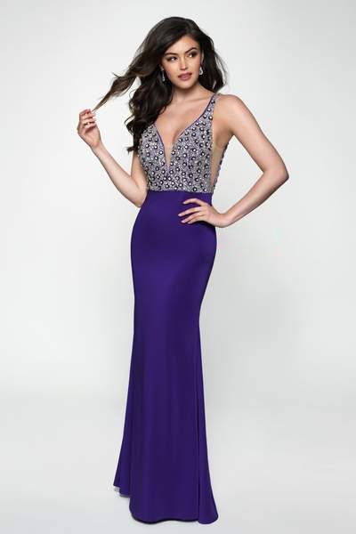 Blush - 11643 Crystal Encrusted Plunging V-Neck Sheath Gown