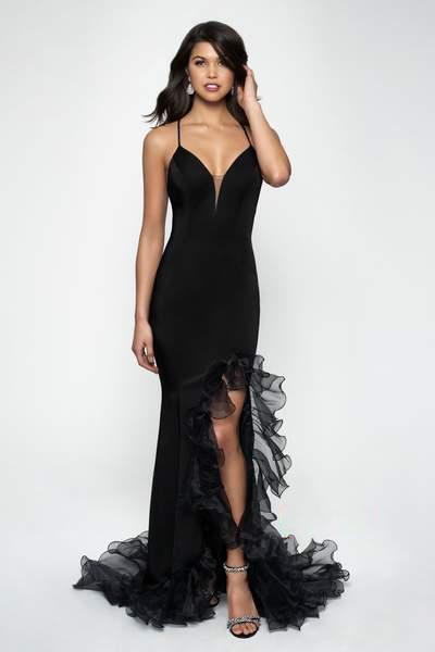 Blush by Alexia Designs - 11642 Plunging Ruffle Trimmed High Slit Gown