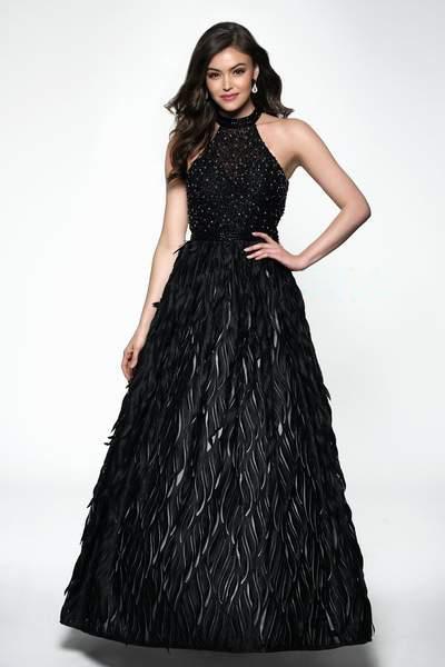 Blush - 11641 High Halter Feather Detailed A-Line Gown