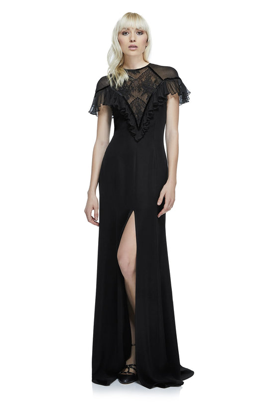 Tadashi Shoji - Ruffled Illusion Dress with Slit In Black and Neutral