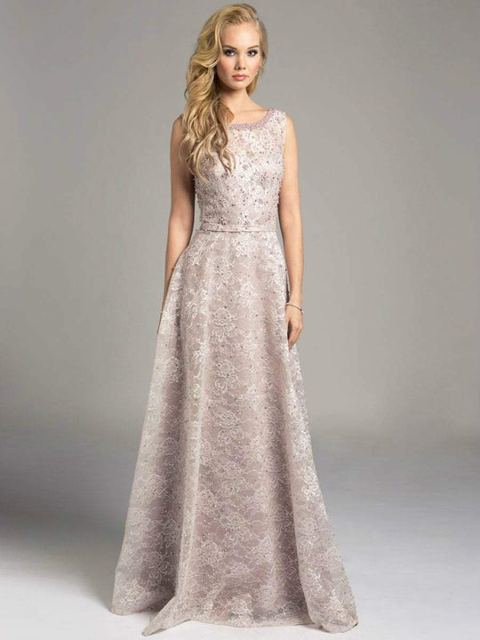 Lara Dresses - Dainty Bateau Illusion A-Line Evening Gown with Faux Pearl Embellishments 332340, Gray