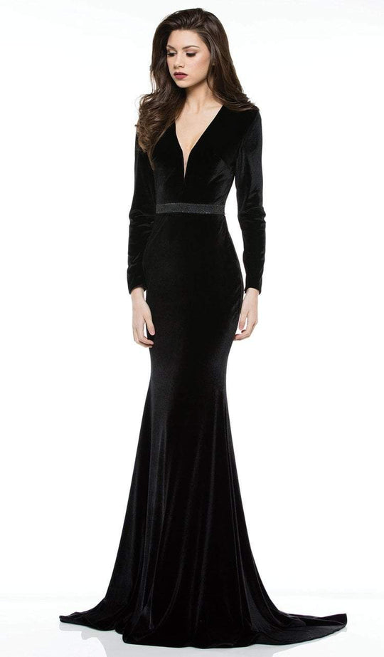 Colors Dress - 2033 Embellished Deep V-neck Velvet Trumpet Dress in Black