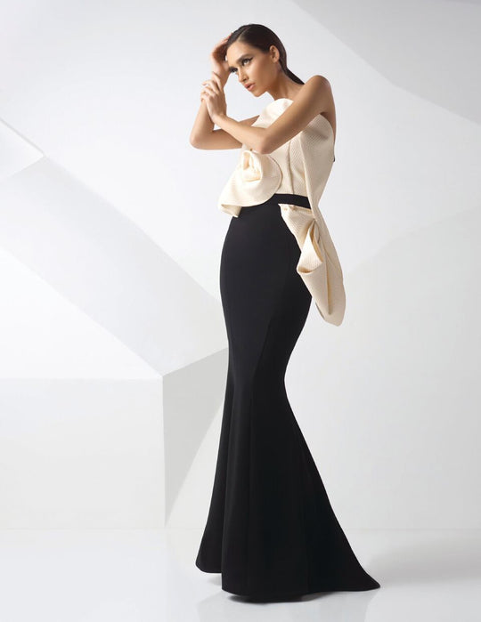 MNM Couture - Asymmetric Neck Mermaid Dress G0774 In Black and White