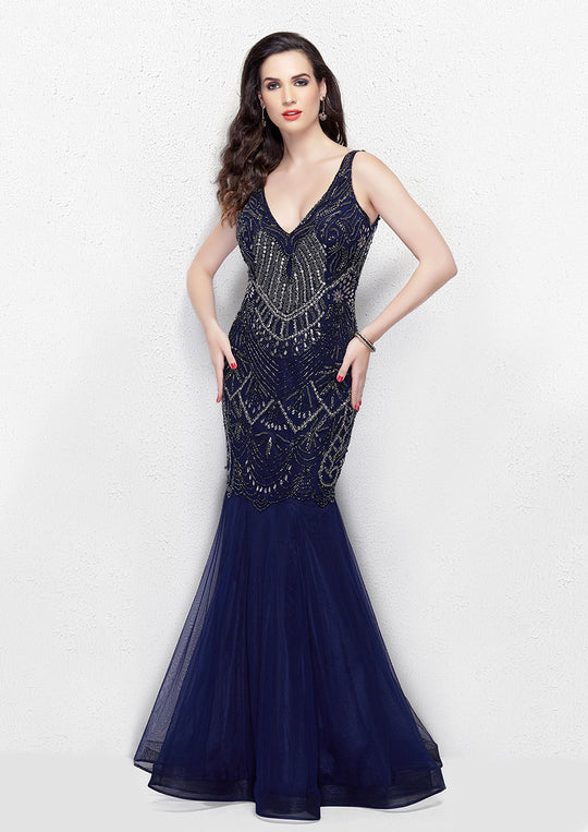 Primavera - 3001 Embellished V-neck Trumpet Dress in Blue
