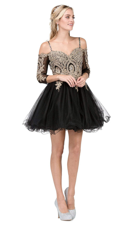 Dancing Queen - 3001 Cold Shoulder Gold Lace Applique Cocktail Dress In Black