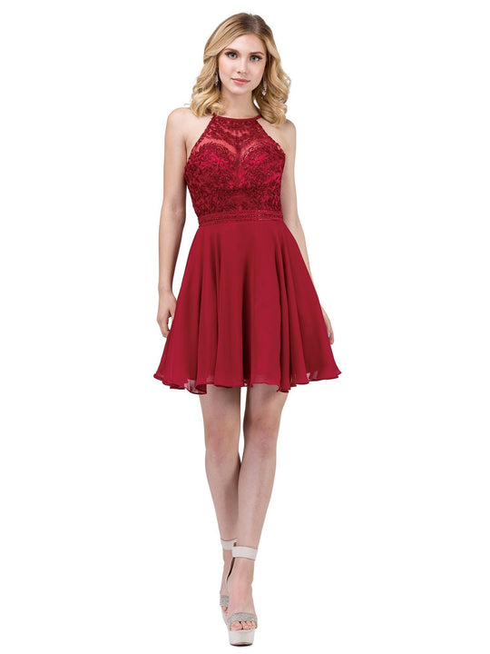 Dancing Queen - 3008 High Halter Embroidered Lace Homecoming Dress in Red