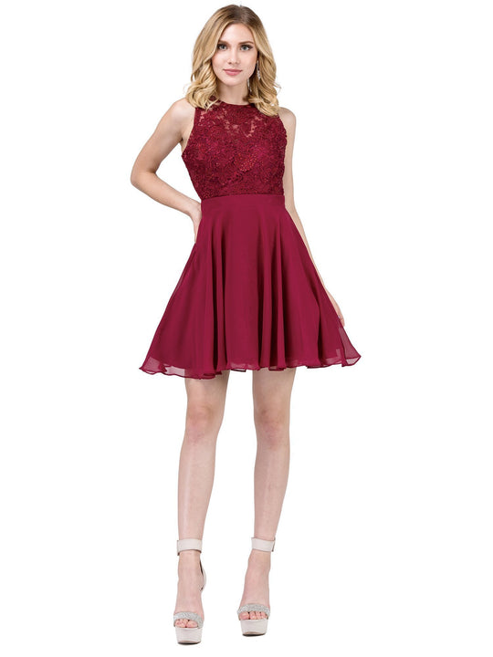 Dancing Queen - 3012 Jeweled Floral Lace Bodice Homecoming Dress in Red