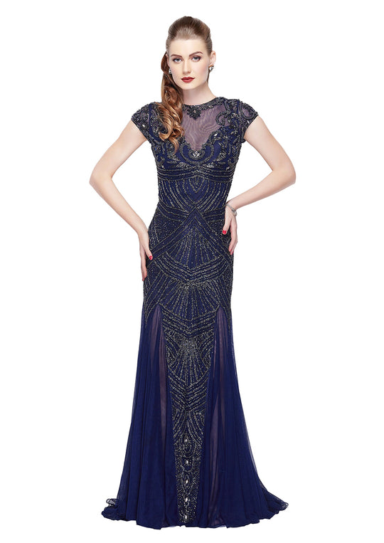 Primavera - 3012 Embellished Sheer Jewel Sheath Dress in Blue
