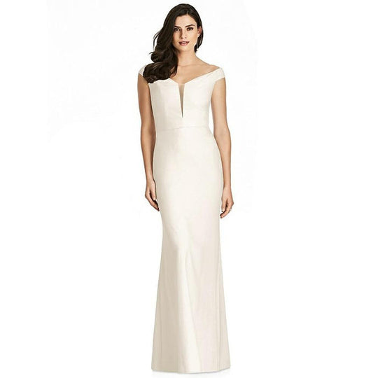 Dessy Collection - 3016N1 Plunge-Notched Off Shoulder Crepe Gown In White