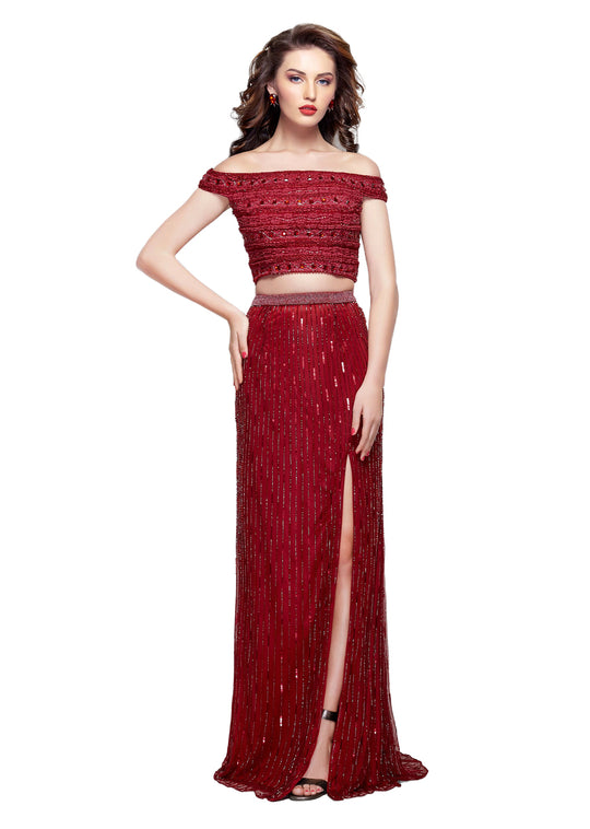Primavera - 3020 Two Piece Bedazzled Sheath Dress in Red