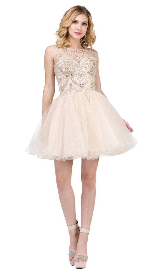 Dancing Queen - 3023 Embellished Scoop A-line Homecoming Dress in Neutral