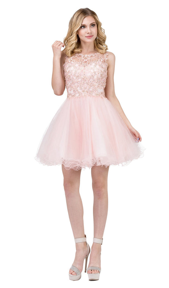 Dancing Queen - 3024 Embellished Illusion Scoop Homecoming Dress in Pink