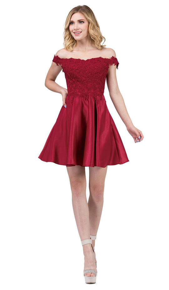 Dancing Queen - 3029 Off-Shoulder A-Line Homecoming Cocktail Dress in Red